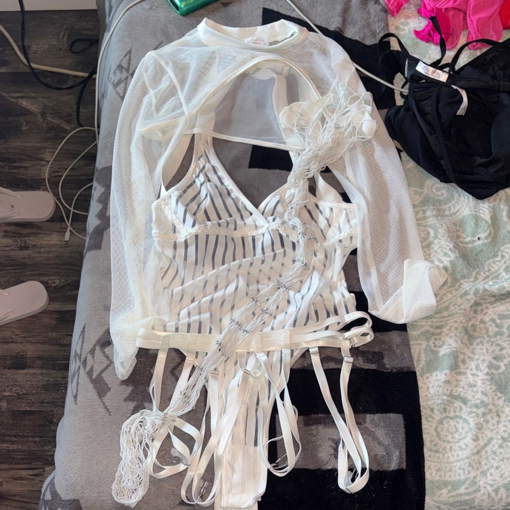 Amazon Striped White bodysuit with garter mesh top and fishnets bundle